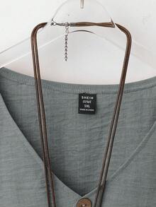 Linhara 2pcs/Set Women Plus Size V-Neck 3/4 Sleeve Top + Straight Leg Pants, Solid Color Casual/Work Outfit - Grey - View 5