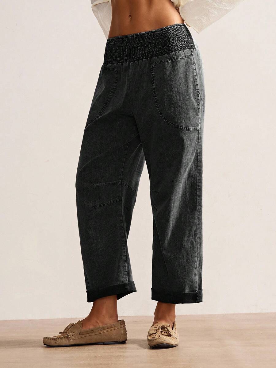 Bohemela 女士休闲纯色梭织宽松低腰裤，秋冬波西米亚风格 - 黑色 - 查看 1