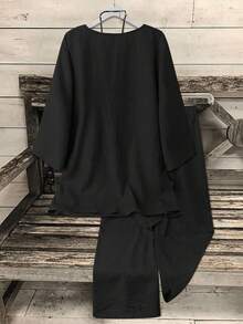 Linhara CURVE 2 件女式加大码 V 领 3/4 袖上衣 + 直筒裤套装，纯色休闲办公装 - 黑色 - 查看 2