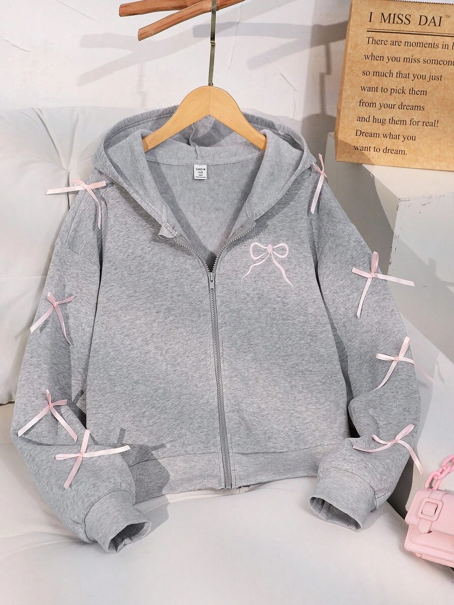 SHEIN 少女纯色时尚蝴蝶结卫衣外套,舒适羊毛卫衣面料,中宽松版型,时尚袖子设计,青春活力风格,适合返校或休闲户外穿着 - 灰色 - 查看 1