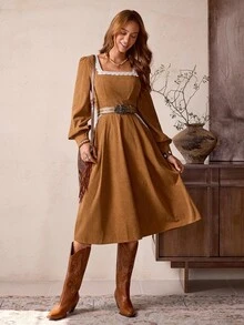 SHEIN LilyWest 女式西部波西米亚风格咖啡棕色纹理面料小众设计撞色蕾丝花边方领长袖收腰修身休闲度假连衣裙 - 咖啡棕 - 查看 6