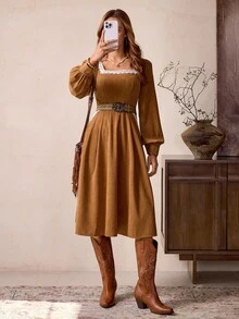 SHEIN LilyWest 女式西部波西米亚风格咖啡棕色纹理面料小众设计撞色蕾丝花边方领长袖收腰修身休闲度假连衣裙 - 咖啡棕 - 查看 7