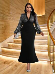 Fleurora Women's Plus Size Black Autumn Elegant Formal Evening Dress,V-Neck Lantern Sleeve Sequin Sparkly Slim A-Line Long Party Wedding Guest Graduation Gown - Black - View 5