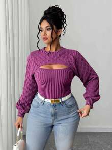 Elenzga Plus Size Fashionable Solid Color Hollow Out Sweater Fall Winter - Purple - View 1