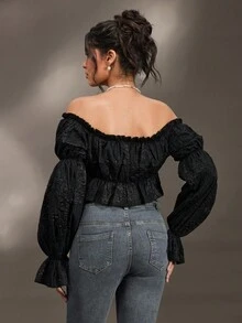 SHEIN Maternity Elegant Ruffled Off Shoulder Jacquard Top, Photoshoot - Black - View 2