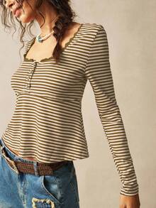 Bohemela Áo thun nữ tay dài cổ tròn kẻ sọc đơn giản - Nhiều màu - Xem 7