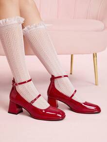 CUCCOO DOLLMOD Women's Fashion Square Toe Chunky Heel Ankle Strap High Heels For Christmas