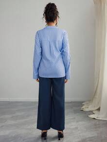 SHEIN 2pcs Maternity Striped Top And Straight Leg Pants Set, Casual & Versatile - Blue - View 2