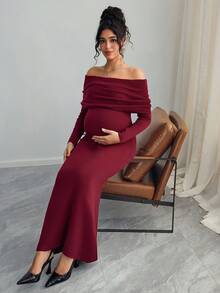 Momance Maternity Solid Color Off-Shoulder Long Sleeve Fitted Elegant Knit Dress, Autumn/Winter - Burgundy - View 1
