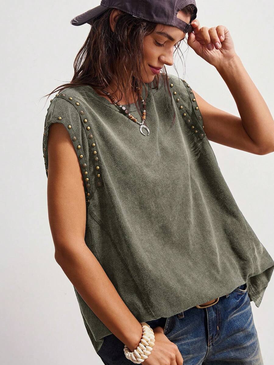 Bohemela 夏季西部音乐节纯色铆钉针织水洗宽松女士T恤 - 橄欖綠 - 查看 1