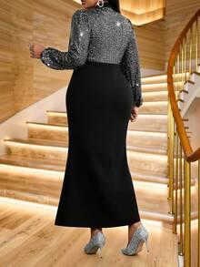 Fleurora Women's Plus Size Black Autumn Elegant Formal Evening Dress,V-Neck Lantern Sleeve Sequin Sparkly Slim A-Line Long Party Wedding Guest Graduation Gown - Black - View 2