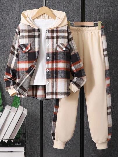2件套女童格子连帽夹克和抽绳休闲裤