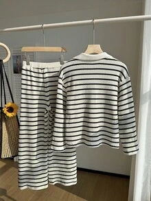 SHEIN Girls Waffle Stripe Polo Shirt Long Sleeve And Pants Set, Suitable For Spring And Autumn - White - View 2