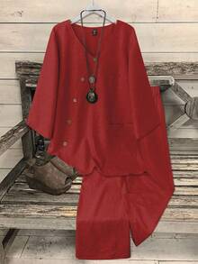 EMERY ROSE 大码女式 V 领 3/4 上衣 + 直筒长裤 2 件套，纯色休闲办公装 - 紅色 - 查看 1