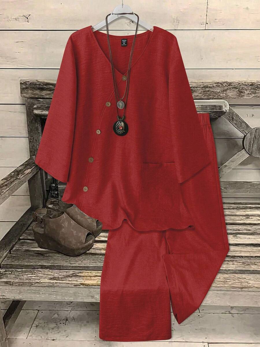 EMERY ROSE 大码女式 V 领 3/4 上衣 + 直筒长裤 2 件套，纯色休闲办公装 - 紅色 - 查看 1