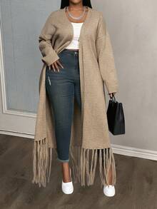 Slaydiva Cardigan de Manga Longa com Amarração na Frente, Franjas e Cor Sólida Minimalista para o Dia a Dia, Plus Size, para Outono/Inverno