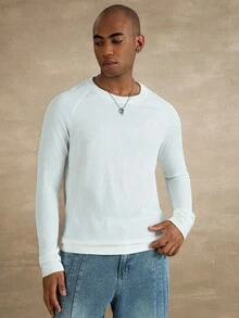 STYNVO Maglietta a maniche lunghe casual da uomo a tinta unita con costine, adatta per estate e autunno