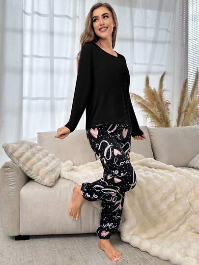 Heart Letter Graphic PJ Set Pajama Set, Fall Clothes Cozy Elegante view 4