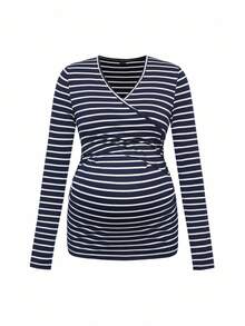 Modmama 2 件孕妇休闲裹身哺乳 T 恤套装，秋季 - 藍色 - 查看 11