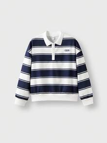 JNSQ Tween Boy Striped & Letter Print Polo Neck Pullover Sweatshirt, Suitable For Autumn/Winter Daily Wear, Outdoor Activities, Vacation, Streetwear, Party And Casual