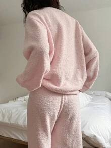 2pcs Women Bow Pattern Knitted Loose Long Sleeve Top And Long Pants Pajama Set, Autumn/Winter, Fall Clothes Thermal Lined - Pink - View 2