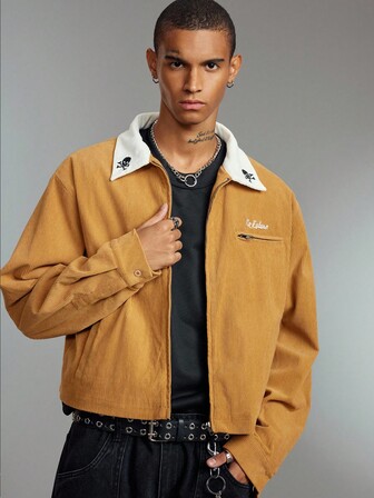 Street Life Giacca casual con chiusura lampo e teschio in velluto a coste da uomo, adatta per l'autunno