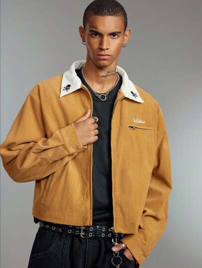 Street Life Giacca casual con chiusura lampo e teschio in velluto a coste da uomo, adatta per l'autunno