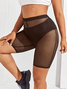 SHEIN SXY Plus Size Women's Coffee Brown Sheer Mesh Cycling Shorts (Underwear Not Included)
