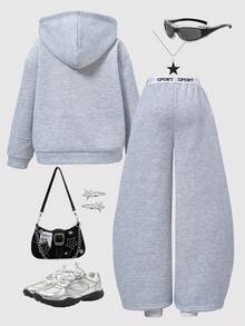 SHEIN Explorewe Set de 2 piezas de sudadera con capucha y pantalones acampanados con estampado de letras elástico para niñas preadolescentes, diseño de parches casual y suelto, para otoño/invierno - Gris - Ver 2