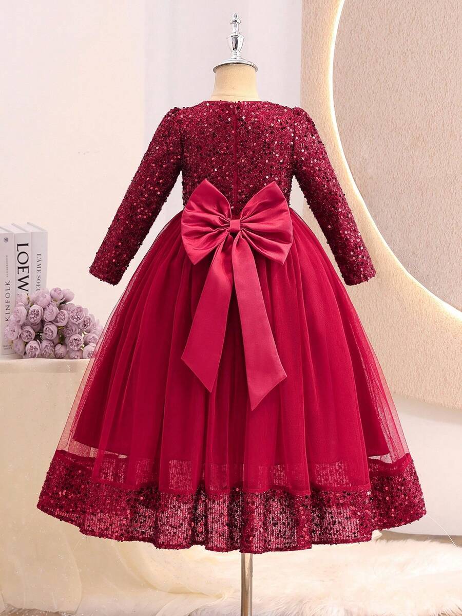 Glamorique Kids 儿童酒红色连衣裙长款亮片网布拼接小女孩深红色晚礼服圣诞红色节日连衣裙 - 酒紅色 - 查看 1