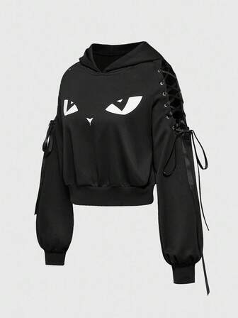 Süßer Gothic Halloween Katzen Ohr Dekor Schulterriemen Katzen Ausdruck Muster Frauen Kurzer Pullover Sweatshirt
