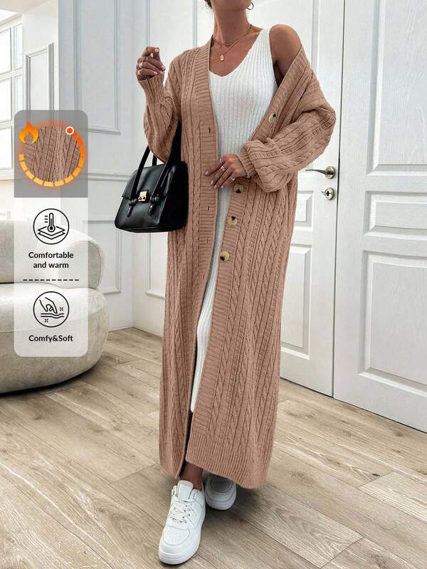 EURMUSE Women's Casual Solid Color Drop Shoulder Loose Lantern Sleeve Cable Knit Extra Long Cardigan, Autumn/Winter,Petite Cardigans,Cardigans
