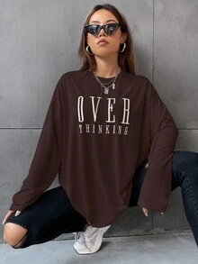 SHEIN Unity Letter Embroidery Drop Shoulder Tee Graphic Tees Women Tops - Rust Brown - View 4