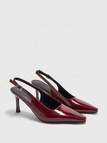 CUCCOO BIZCHIC 女士尖头细高跟酒红色后系带露跟时尚简约高跟鞋，适合日常穿着和通勤