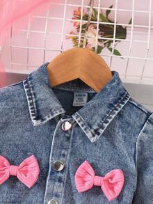 SHEIN Baby Girl Autumn Denim Long Sleeve Jacket With Bow Decor And Mesh Hem Slip Dress Cute 2-Piece Set Fall Winter - Pink - View 4