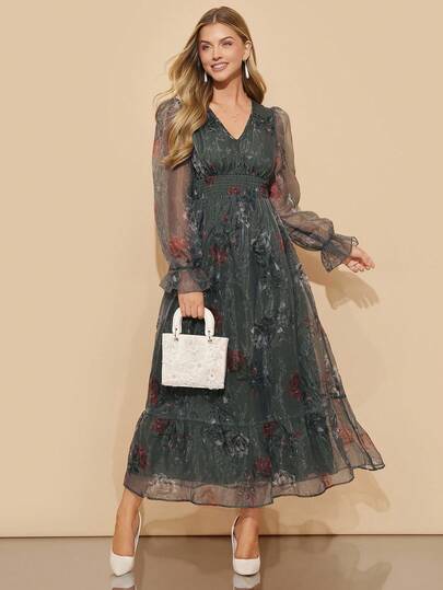 Amorya Women's Elegant V-Neck Cinched Waist Slimming Long Sleeve Organza Green Floral Print Maxi Dress, Suitable For Daily Wear And Multiple Occasions Halloween Costumes For Women Clothes For New Year
