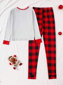 Tween Boy 1pc Christmas Bear Print Contrast Trim Tee & 1pc Buffalo Plaid Print Pants - Red and White - View 2