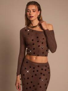 Glamine Áo len nữ cổ xéo tay dài màu trơn thanh lịch, trang trí sequin, phong cách lãng mạn, thời trang thu đông mới - Cà phê nâu - Xem 6