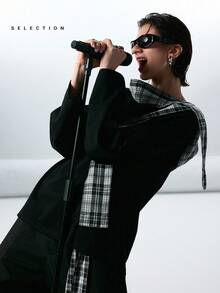 LYSMO SELECTION 2025 New Arrival Minimalist Fall/Winter Women's Plaid Hooded Loose Long Sleeve Casual T-Shirt, Comfortably Versatile, Vintage And Artistic Style, Relaxed Chic Look, Black Knit Scarf Layered Design, Plaid Elements, Perfect For Urban Commute, Soft And Warm Fabric, Stylish Layered Detailing, Ideal For Everyday Autumn And Winter Outings Black Top Scarf Top Black Long Sleeve Shirt Plaid Scarf,Christmas