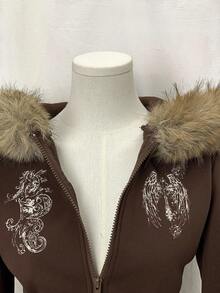 EgrlEra Áo nỉ dài tay in họa tiết màu nâu cà phê, cổ lông dành cho nữ. - Cà phê nâu - Xem 5