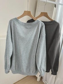 EMERY ROSE 2pcs/Set Plus Size V-Neck Loose Fleece Sweatshirt, Dark Grey & Light Grey, Suitable For Fall/Winter