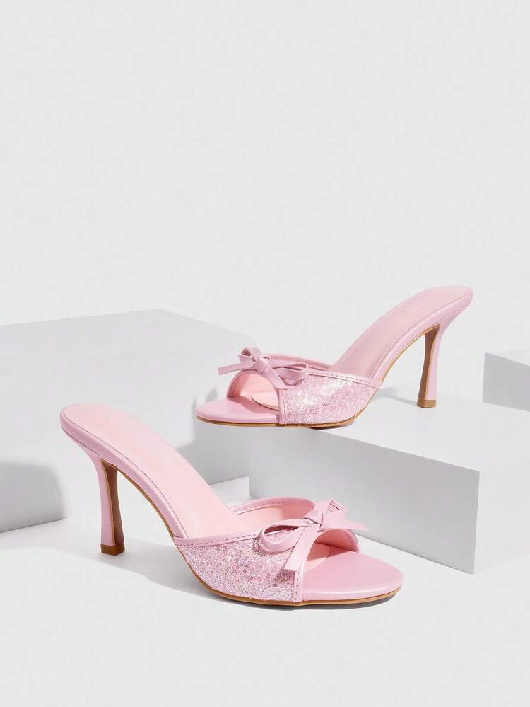 CUCCOO SZL Women's Shiny Bowknot Cute Sexy Round Toe Mule High Heel Sandals, Pink