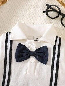SHEIN 新生男宝宝连体衣，二合一前开襟设计，时尚优雅，蝴蝶结装饰，绅士风范，精致别致，简约设计，适合日常穿着和拍照，四季皆宜，男宝宝秋冬服装 - 藏蓝色 - 查看 3