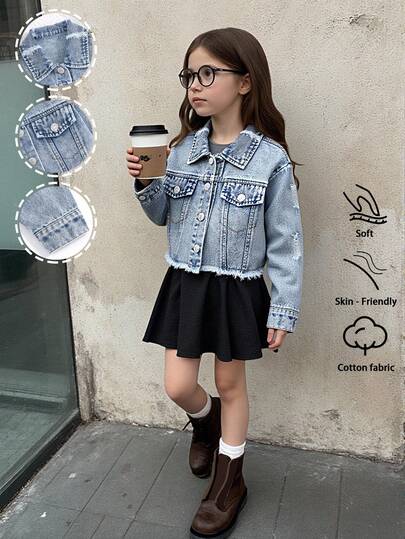 Girls Casual Distressed Denim Jacket, Soft Washed Comfortable Streetwear, Short Cropped Frayed Hem Long Sleeve, Lightweight Spring Autumn New Fall Winter