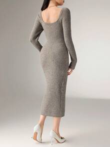 Heiryn Women's Elegant Metal Buckle Sweater Dress,Gray Autumn Office Knit Dresses,Ribbed Button Dress,Winter - Grey - View 6
