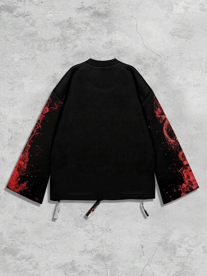 Goth T-shirt col rond à manches longues pour hommes, style gothique vintage de rue, avec graphique saint délavé. Automne