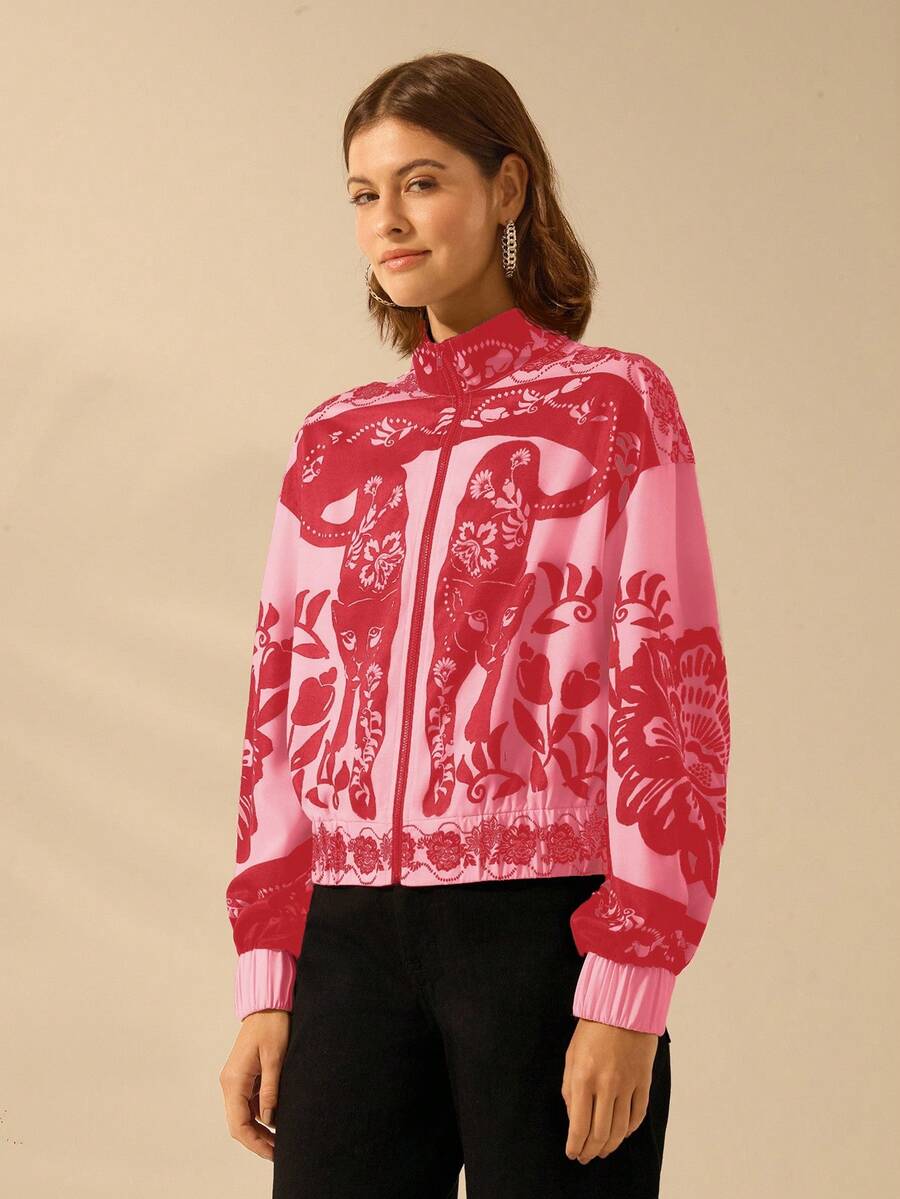 CAJUNI Women's Boho Resort Black & White Leopard, Peony Floral Print, Autumn/Winter High Neck Long Sleeve Zip-Up Lightweight Resort Jacket