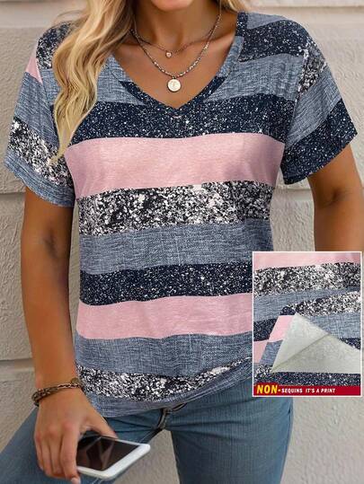 SHEIN LUNE Plus Size Fashionable Colorful Sequin-Like Rainbow Striped Print Casual V-Neck Short Sleeve T-Shirt For Women