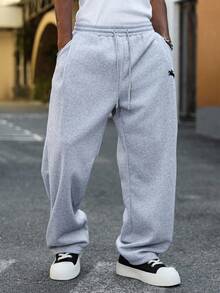 Manfinity Homme 男士纯色抽绳腰带口袋休闲宽松运动裤，灰色宽松运动裤，返校季超大码运动裤灰色宽松慢跑裤 - 灰色 - 查看 3