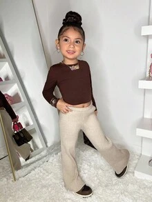 SHEIN Young Girl Casual Elastic Waist Knitted Beige Pants, Suitable For Autumn/Winter Fall - Apricot - View 2